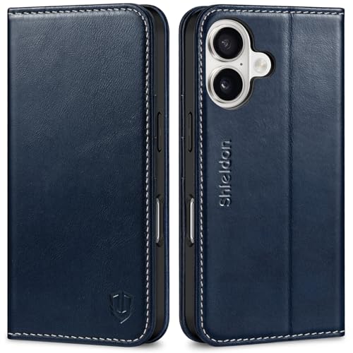 SHIELDON Genuine Leather Case Wallet for iPhone 17 6.3", Retro Dark Blue | Folio Design, Magnetic Closure, RFID Blocking, Credit Card Holder, Kickstand, Shock Absorbing Protective Cover - color: Retro Dark Blue