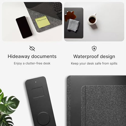 Wireless Charging Desk Pad, Large Non-Slip Reversible Felt & Vegan PU Leather Desk Mat, Waterproof, Detachable Magnetic Panel - Organize, Charge 2 Devices, Apple & Android Compatible - Black