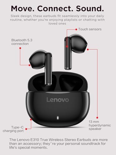 Lenovo E310 True Wireless Earbuds, Bluetooth 5.3 TWS Headphones with 13mm Drivers, AI Noise Reduction Mic, Up to 20H Battery with Case, USB-C Charging, IPX4 Water Resistant, Touch Control, Black - color: Black
