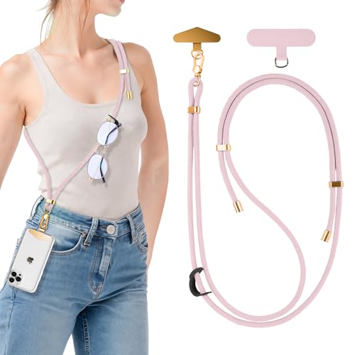 BestStone Crossbody Phone Lanyard Strap with 2 Tether Tabs (Nylon Pad + Metal Plate), Adjustable Cell Phone Lanyard - color: Light Pink