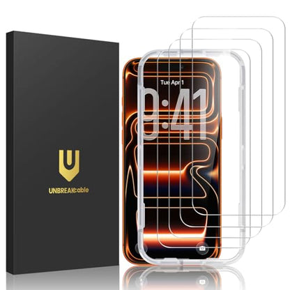 UNBREAKcable 4-Pack iPhone 17 Pro Max Screen Protector, 9H Hardness | 9H tempered glass | 99.99% HD clarity | Double Shatterproof|alignment frame easy install | case-friendly - size: iPhone 17 Pro Max
