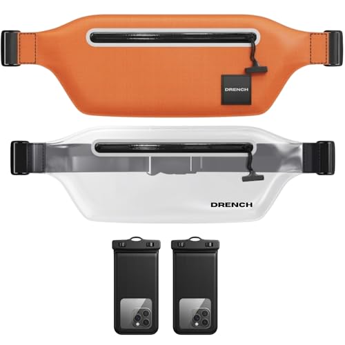 DRENCH see-through tech pouch – Orange + Clear Waterproof Fanny Pack Bundle, 2 Submersible Phone Pouches + Floating Cases