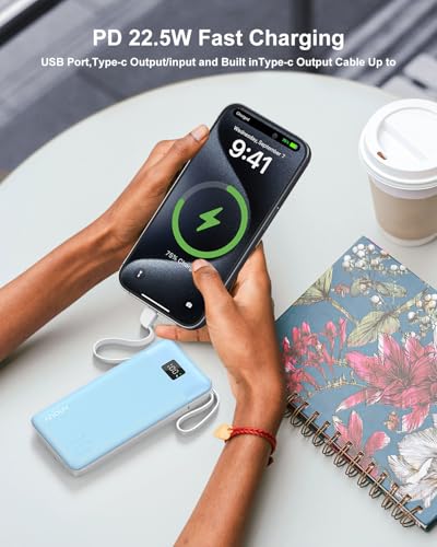 Portable Charger 10000mAh Power Bank w/Built-in 3 Cables & AC Wall Plug - color: Blue