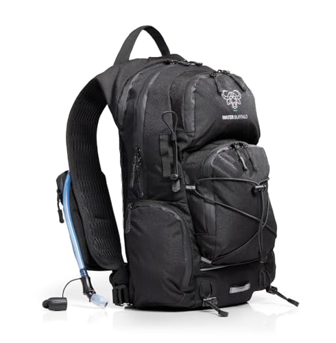 Water Buffalo Sherpa 22L Hiking Hydration Backpack, 2L Bladder | Hiking Backpack with Water Bladder, Waterproof Zippers, Phone Compartment, Trekking Pole Holders, Padded Straps - color: Black