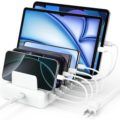 Charging Station for Multiple Devices, 6 Port Fast Charger Stations for Apple iPhone, iPad, Cell Phone, Tablet, 50w Multi Device Organizer Charging Dock with 6 Mixed Charging Cables
