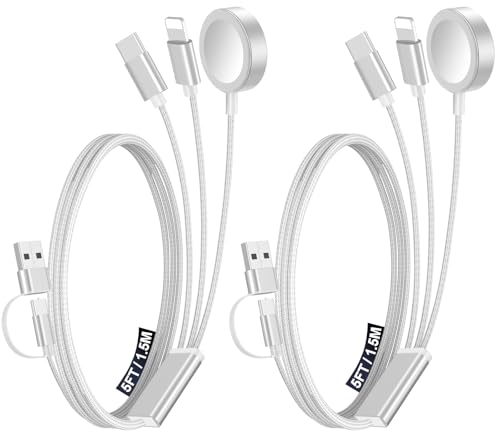 2Pack Travel Essentials for Apple Watch Charger,3-in-2 Multi Charging Cable - color: White, size: 2Pack-5 FT