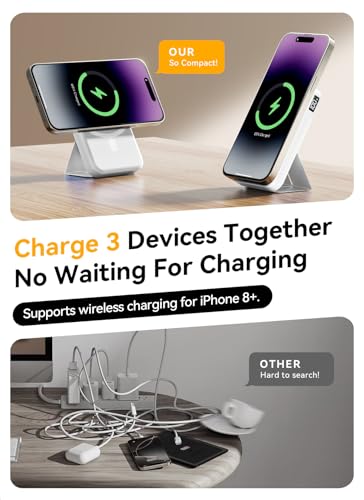 Magnetic Portable Charger, 10000mAh Power Bank with Leather Foldable Stand - color: Ivory White
