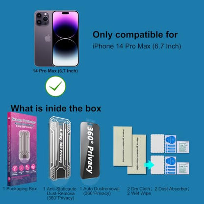 [2 Pack 4 Way Privacy Screen Protector for iPhone 14 Pro Max, Anti-Spy Tempered Glass, 9H Hardness Shatterproof, 3D Curved Edges, Case-Friendly, Bubble-Free Easy Installation - size: for 14 Pro Max