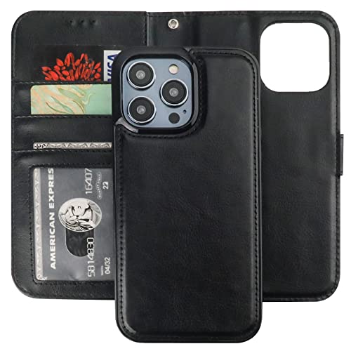 Bocasal Detachable Wallet Case Card Holder for iPhone 14 Pro Max Black | RFID Blocking Kickstand Card Slots Holder PU Leather Magnetic Shockproof Wrist Strap Removable Flip Protective Cover 6.7 inch - color: Black