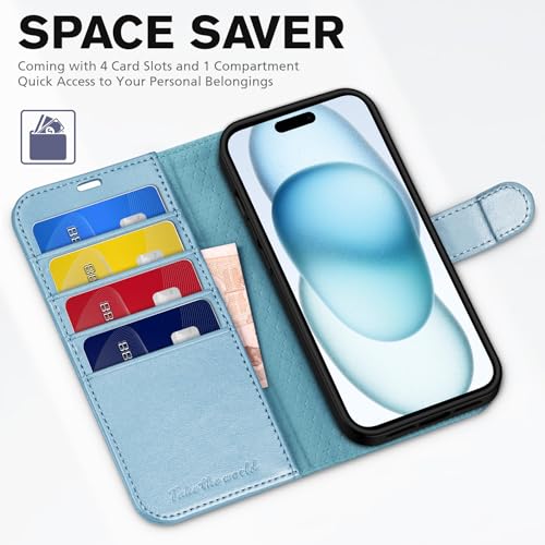 TUCCH Wallet Case for iPhone 15 6.1" 2023, 4 Card Holders, Shiny Light Blue | RFID Blocking, Viewing Stand, Shockproof TPU Shell, PU Leather, Magnetic Closure, Protective Folio Flip Cover - color: Blue - Shiny Blue