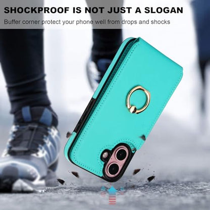 Folosu Compatible with iPhone 16 Case Wallet with Card Holder, 360°Rotation Finger Ring Holder Kickstand, RFID Blocking Leather Protective Double Buttons Shockproof Cover 6.1 Inch Mint Green - color: Mint Green