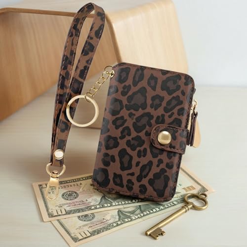 M-Plateau RFID Blocking Keychain Wallet With Leather Wrist Strap | Keychain Wristlet, Womens Card Holder with Zipper Coin Pocket and ID Window - color: Leopard