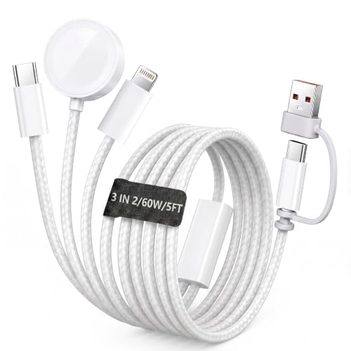 【60W 5FT】for Apple Watch Charger Fast Charging, 3-in-2 Multi Charging Cable, Nylon Braided USB C/L iWatch Charger Cord for iWatch Series Ultra 3/2/SE/11/10/9/8/7/6/5, iPhone 17 15 16 Pro Max/14/13/12