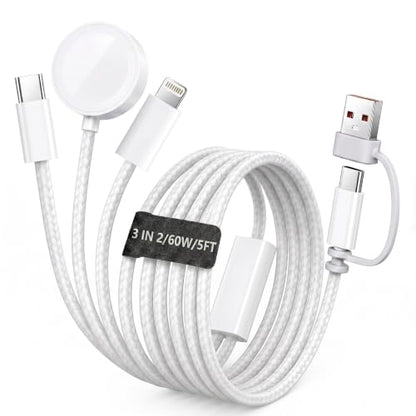 【60W 5FT】for Apple Watch Charger Fast Charging, 3-in-2 Multi Charging Cable, Nylon Braided USB C/L iWatch Charger Cord for iWatch Series Ultra 3/2/SE/11/10/9/8/7/6/5, iPhone 17 15 16 Pro Max/14/13/12