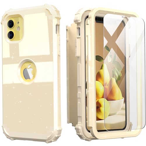 IDweel for iPhone 11 Case with Screen Protector(Tempered Glass), Hybrid 3 in 1 Shockproof Slim Fit Heavy Duty Protection Hard PC Cover Soft Silicone Bumper Full Body Case,Glitter Yellow - color: Glitter Yellow
