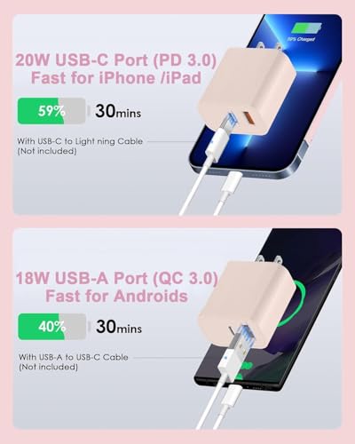 10FT iPhone 17/16e Fast Charger,2Pack 20W Dual Port USBA+C QC Apple Adapter - color: Blue/Pink
