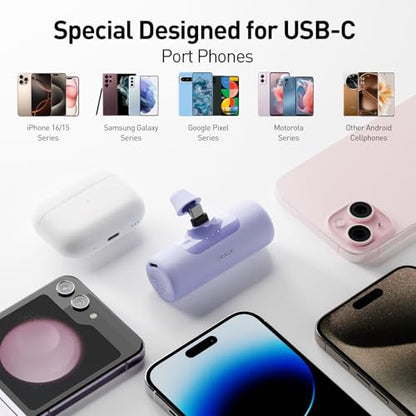 iWALK 4,500mAh USB-C Portable Charger, Power Bank with Built-in Connector, Phone Battery Pack, Compatible with iPhone 18/17/16/15 Series, Samsung Galaxy S24/S23/S22 and Android Phones, Purple - color: Purple