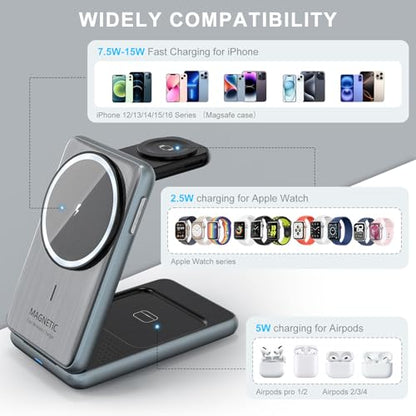 Wireless Charger Charging Station for iPhone: Xpencifan Travel 3-in-1 Charger Stand Multiple Devices for Apple Watch Ultra SE 9 8 7 6 5 4 3 2 - iPhone 16e 16 15 14 Pro Max 13 12 11 - AirPods Pro 4 3 2