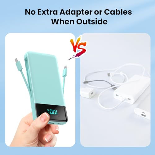 Portable Charger for iPhone with Built-in Cables and Wall Plug,Upgraded 13800mAh Fast Charging USB C Power Bank,4 Outputs Slim Travel Essentials Battery Pack for iPhone 17/16/14,Galaxy,Android-Green - color: Green