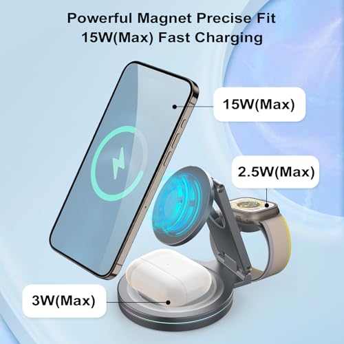 Foldable 360º Rotatable Zinc Alloy 3-in-1 Magnetic Wireless Charger,3 in 1 Charging Station,Charging Stand,15W for iPhone 12-17,5W for Apple Watches, AirPods (Adapter Included) (Gray) - color: gray
