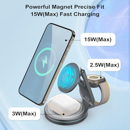 Foldable 360º Rotatable Zinc Alloy 3-in-1 Magnetic Wireless Charger,3 in 1 Charging Station,Charging Stand,15W for iPhone 12-17,for Apple Smartwatches, AirPods (Adapter Included) (White) - color: white