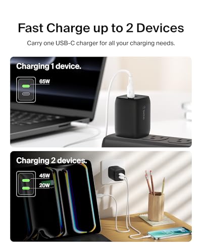 Belkin 65W Dual GaN USB C Charger Block, Fast Charging for Travel - style: 65W Black