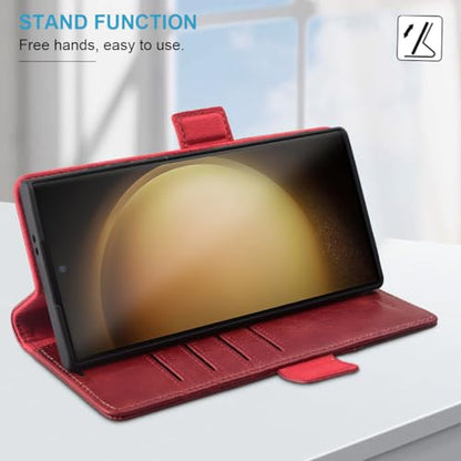 KEZiHOME Genuine Leather Wallet Case for Samsung Galaxy S24 Ultra | Red/Brown, RFID Blocking Card Slot, Kickstand, Magnetic Protective Phone Folio Cover, Compatible with Galaxy S24 Ultra - color: Red/Brown