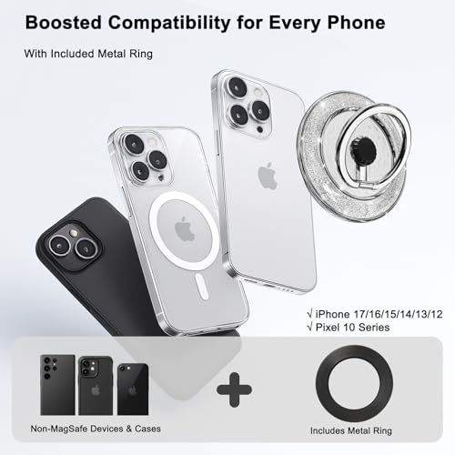 Magnetic Phone Ring Holder for MagSafe, Glitter Magnet Finger Ring Grip Stand Holder, 360° Rotation Fit for iPhone 17 16 15 14 13 12, Pro, Pro Max, Plus, Mag Safe Accessories, Black-Sliver - color: Black&Sliver