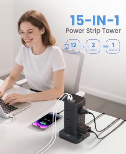 12AC 3USB Power Strip Tower Surge Protector 1800J, 9.8ft, Black, 1 - color: Black, size: 9.8ft