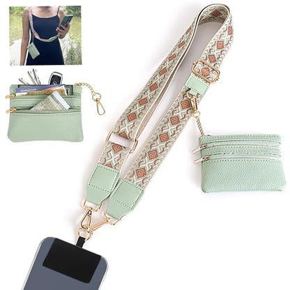 Phone Lanyard Crossbody with Zipper Pouch, Adjustable Phone Strap with Detachable Wallet/Wrist, Holds Multiple Cards & Cash, Clip and Go Strap Women/Teacher Gift for All Phone, Green - color: Green