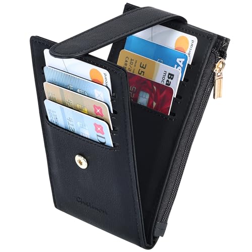Chelmon Women's RFID Slim Card Holder Wallet | Thin Bifold Multi Card Case with Zipper Coin Pocket Purse for Women(Black Smooth) - color: Black Smooth