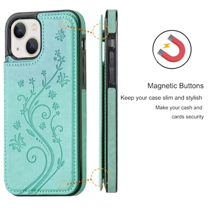 Wallet Case Compatible with iPhone 15,Slim Protective case with Card Holder,Premium PU Leather Kickstand Card Slots with Double Magnetic Clasp for iPhone 15(6.1")-Green Butterfly - color: Green