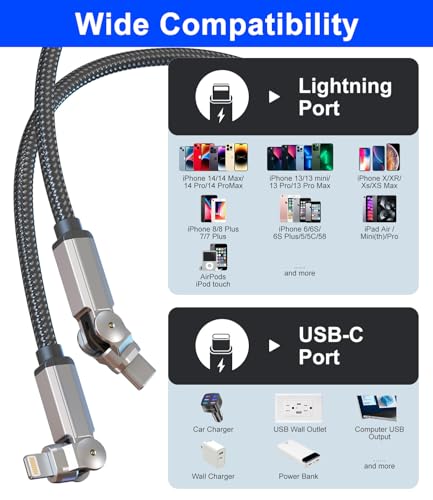 Swivel iPhone Charger 90 Degree USB C to Lightning Cable - 180° Dual Rotating Swivel Connectors, 3A Fast Charging & 480Mbps Data Sync, MFi Certified iPhone Charger for CarPlay, iPhone 14/13/12/11/X/8 - color: 180 Degree Rotating USBC Lightning Cable 2M