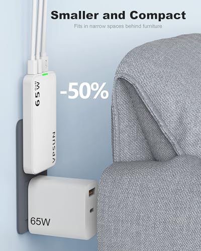 65W GaN Flat USB Wall Charger Block - 3 Port Foldable USB Charging Block - color: White
