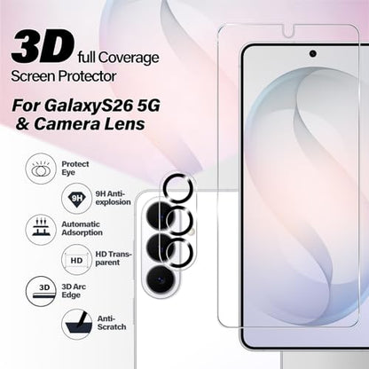 BIGFACE Galaxy S26 Tempered Glass Screen Protector + Camera Lens Protector [ 2 + 2 Pack ][Case Friendly] [Anti-Scratch] [Ultrasonic Fingerprint Unlock] Clear HD Protective Film for Samsung Galaxy S26 - size: Galaxy S26(6.3")