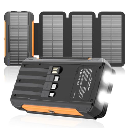 Solar Charger Power Bank 20000mAh Portable Charger Built-in 4 Cables(Micro/USB-C/Ios Output Cable,USB-A Input Cable) & 4 Solar Panels, 15W Fast Charging Battery Pack with Flashlight for Camping Travel