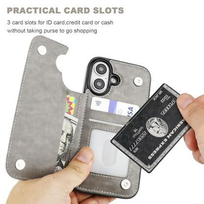 ONETOP for iPhone 16 Wallet Case with Credit Card Holder,Gray | Kickstand,ID/Cash Holder,Case Wallet with Card Slots,Double Magnetic Clasp,Durable PU Leather Shockproof Cover for Women Men - color: Gray
