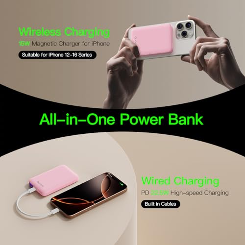 for Magsafe Portable Charger, 5000mAh Slim Wireless Magnetic Power Bank | 20W USB-C Power Delivery,LED Display,Travel Essential for Magsafe Battery Pack Compatible with iPhone 17-12 Series - color: Pink