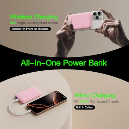for Magsafe Portable Charger, 5000mAh Slim Wireless Magnetic Power Bank | 20W USB-C Power Delivery,LED Display,Travel Essential for Magsafe Battery Pack Compatible with iPhone 17-12 Series - color: Pink