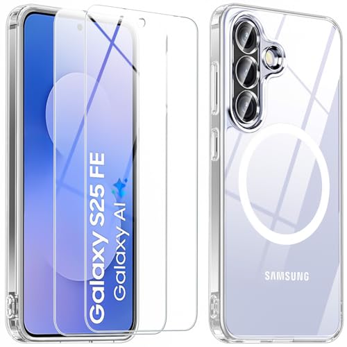 Magnetic for Samsung Galaxy S25 FE Case with Screen Protector 2X,Compatible with MagSafe,Phone Case Slim Hard PC Silicone Bumper Shockproof Protective Cover for Samsung S 25 FE 5G,Clear - color: Clear, size: Samsung Galaxy S25 FE