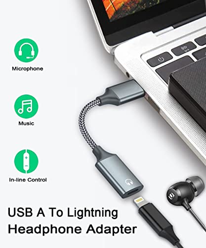 LecLooc USB A to Lightning Audio Adapter Cable USB 3.0 Male to Lightning Female HiFi Audio Headphones Converter Fit with USB A MacBook Computer PC Support Volume Control Mic Nylon Braided (Grey)