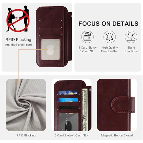 VANAVAGY Wallet Case for iPhone 11 6.1 inch, Burgundy | 12ft Drop-proof Cover for Women Men, Silm PU Leather, RFID Blocking Card Holder, Wrist Strap, Screen Protector - color: Burgundy