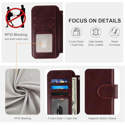 VANAVAGY Wallet Case for iPhone 11 6.1 inch, Burgundy | 12ft Drop-proof Cover for Women Men, Silm PU Leather, RFID Blocking Card Holder, Wrist Strap, Screen Protector - color: Burgundy