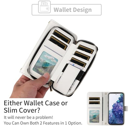 Wallet Case for Samsung Galaxy S20 FE 5G 6.5 inch with Wrist Strap, 9+ Card Slots Zipper Purse, Luxury PU Leather Stand Phone Cover for S 20 EF UW S20FE5G S20FE 20S S2O Fan Edition 4G G5 White | Wrist/Shoulder Strap, 9+ Card Slots, Luxury PU Leather Phone