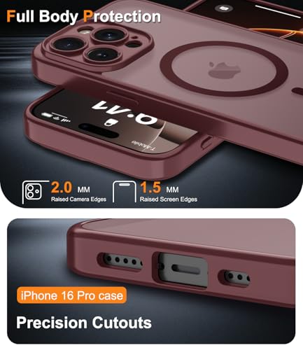 Magnetic Case for iPhone 16 Pro Case with Screen Protector+Wrist Strap | Compatible with MagSafe,Full Camera Protection,Slim Translucent Matte Phone Cover,Wine Red - color: Wine Red