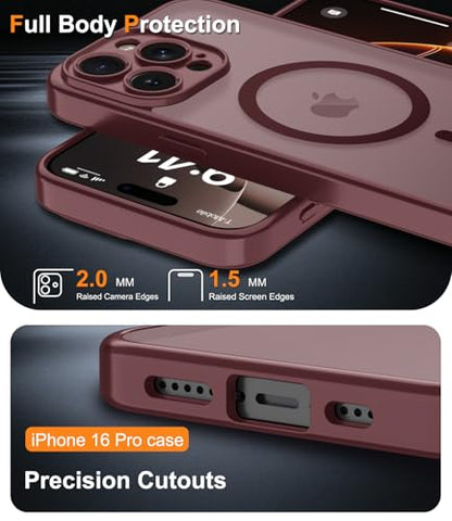 Magnetic Case for iPhone 16 Pro Case with Screen Protector+Wrist Strap | Compatible with MagSafe,Full Camera Protection,Slim Translucent Matte Phone Cover,Wine Red - color: Wine Red