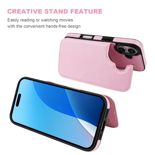 ONETOP for iPhone 16 Wallet Case with Credit Card Holder,Pink | Kickstand,ID/Cash Holder,Case Wallet with Card Slots,Double Magnetic Clasp,Durable PU Leather Shockproof Cover for Women Men - color: Pink