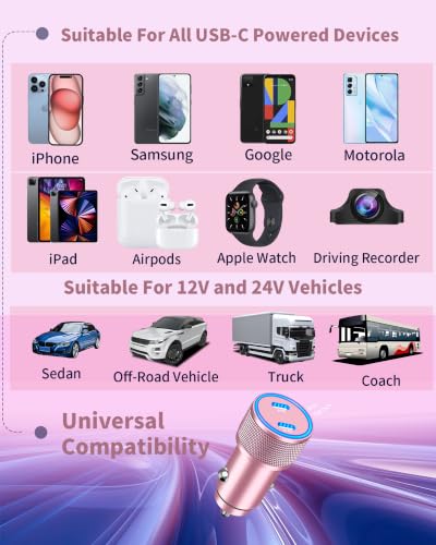 Apple MFi Certified iPhone Duo 18 17 Pro Max Car Charger, USB C Car Charger - color: Titanium Pink