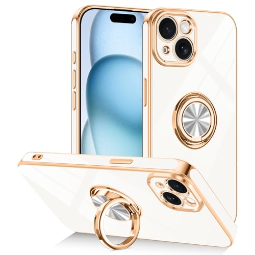 Designed for iPhone 15 Case with Ring Stand Slim White | 360° Rotatable Finger Holder, Support Magnetic Car Mount, Soft TPU Electroplated, Full Lens Protection, Shockproof Phone Case - color: White, size: 6.1'' iPhone 15