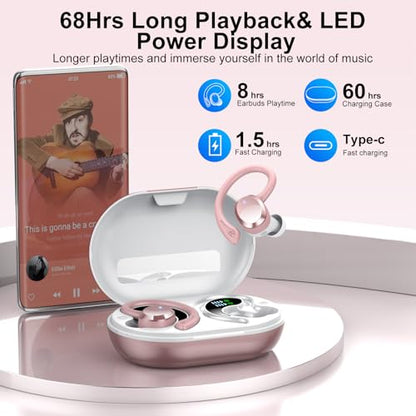 sprtoybat Wireless Earbuds, 2026 New Bluetooth 5.4 Headphones Sport Earphones with 68Hrs Playtime LED Display ENC Noise Cancelling Mic, IPX7 Waterproof Over Ear Ear Buds with Hook for Sports/Running - color: Gold Pink